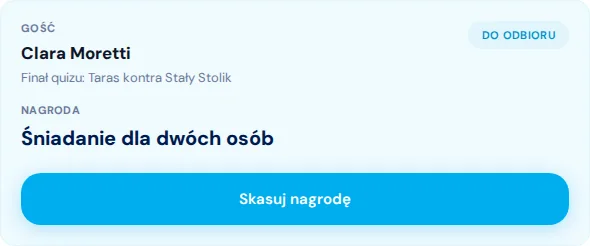 Skaner QR ze sprawdzoną fikcyjną nagrodą specjalną i przyciskiem jej odbioru.