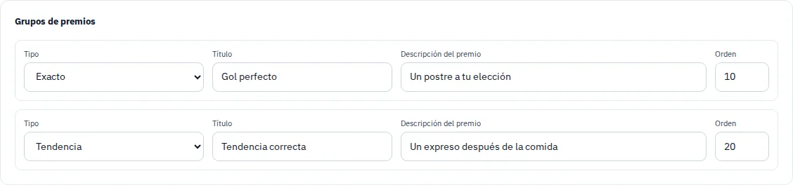 Reglas de premios y extras de un ficticio juego de pronósticos.
