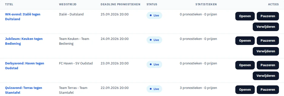 Overzicht met meerdere fictieve acties: voetbal, quiz en doelwandduel.