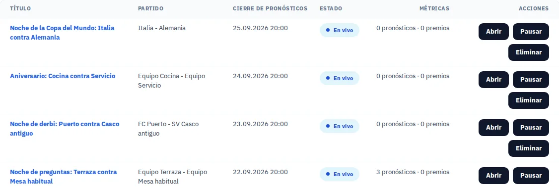 Vista general con varias actividades ficticias: fútbol, preguntas y duelo en el tablero.