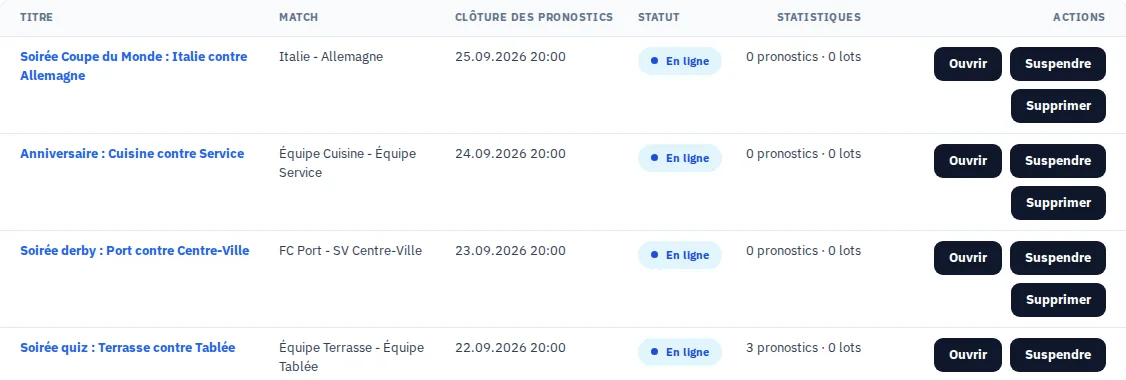 Aperçu de plusieurs actions fictives : football, quiz et duel au mur.
