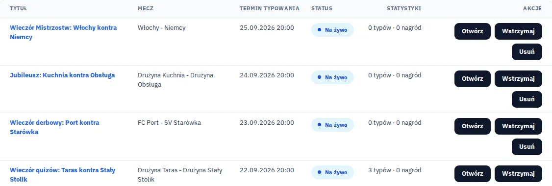 Przegląd kilku fikcyjnych akcji: piłka, quiz i pojedynek na bramkę.