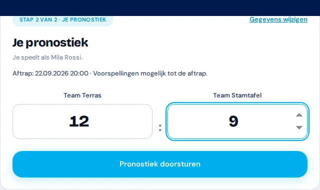 Gastweergave met het fictieve quizduel van Via Palermo en ingevulde resultaatstip.