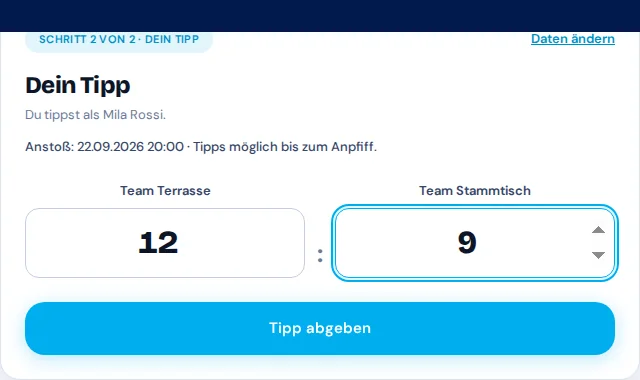 Gastansicht mit dem fiktiven Quizduell von Via Palermo und ausgefülltem Ergebnistipp.