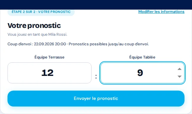 Vue invité avec le quiz fictif de Via Palermo et un pronostic de résultat rempli.
