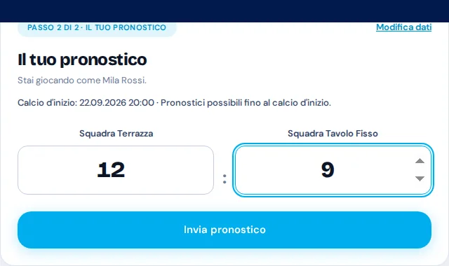 Vista ospite con il quiz fittizio di Via Palermo e pronostico del risultato compilato.