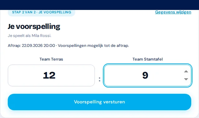 Gastweergave met het fictieve quizduel van Via Palermo en ingevulde resultaatstip.