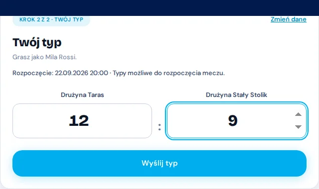 Widok gościa z fikcyjnym quizem Via Palermo i wpisanym typem wyniku.