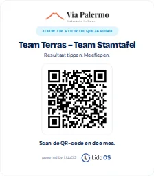 Drukvoorbeeld van een QR-tafelkaart voor de fictieve gastenactie.