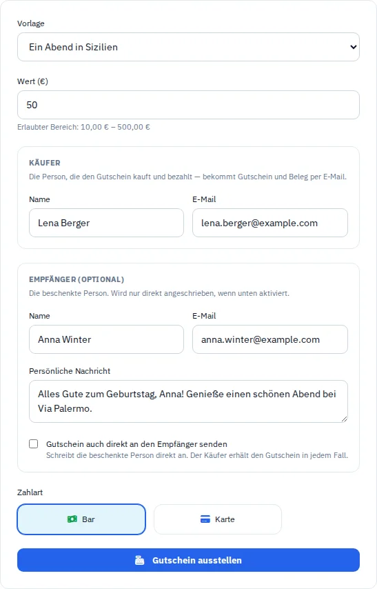 Gutschein anlegen: Vorlage, Betrag und persönliche Angaben mit fiktiven Namen.