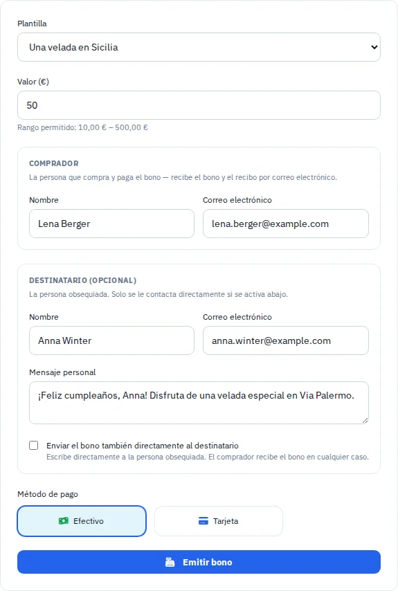 Creación de un vale: plantilla, importe y datos personales con nombres ficticios.