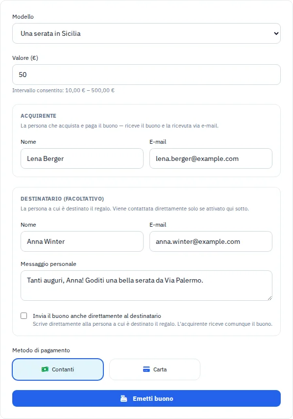 Creazione di un buono: modello, importo e dati personali con nomi fittizi.