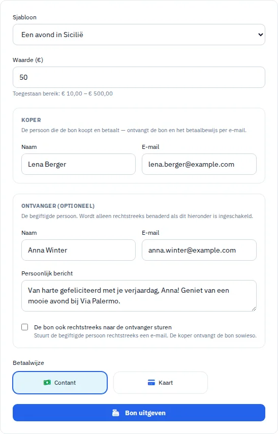 Cadeaubon aanmaken: sjabloon, bedrag en persoonlijke gegevens met fictieve namen.