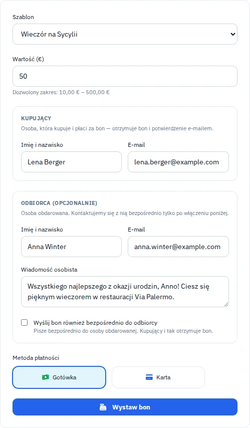 Wystawianie vouchera: szablon, kwota i dane osobowe z fikcyjnymi nazwiskami.