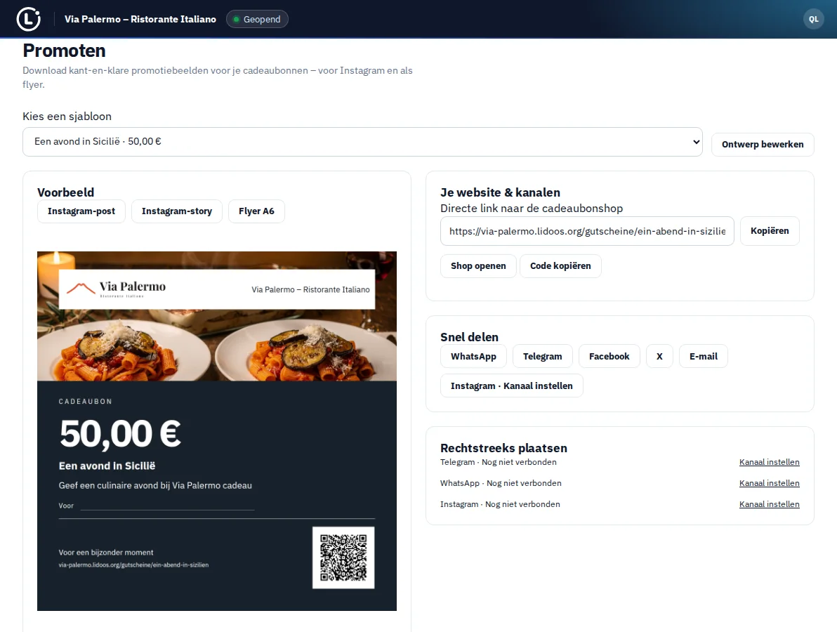 Promotiemateriaal voor een cadeaubon van Via Palermo met voorbeeld en formaatkeuze.