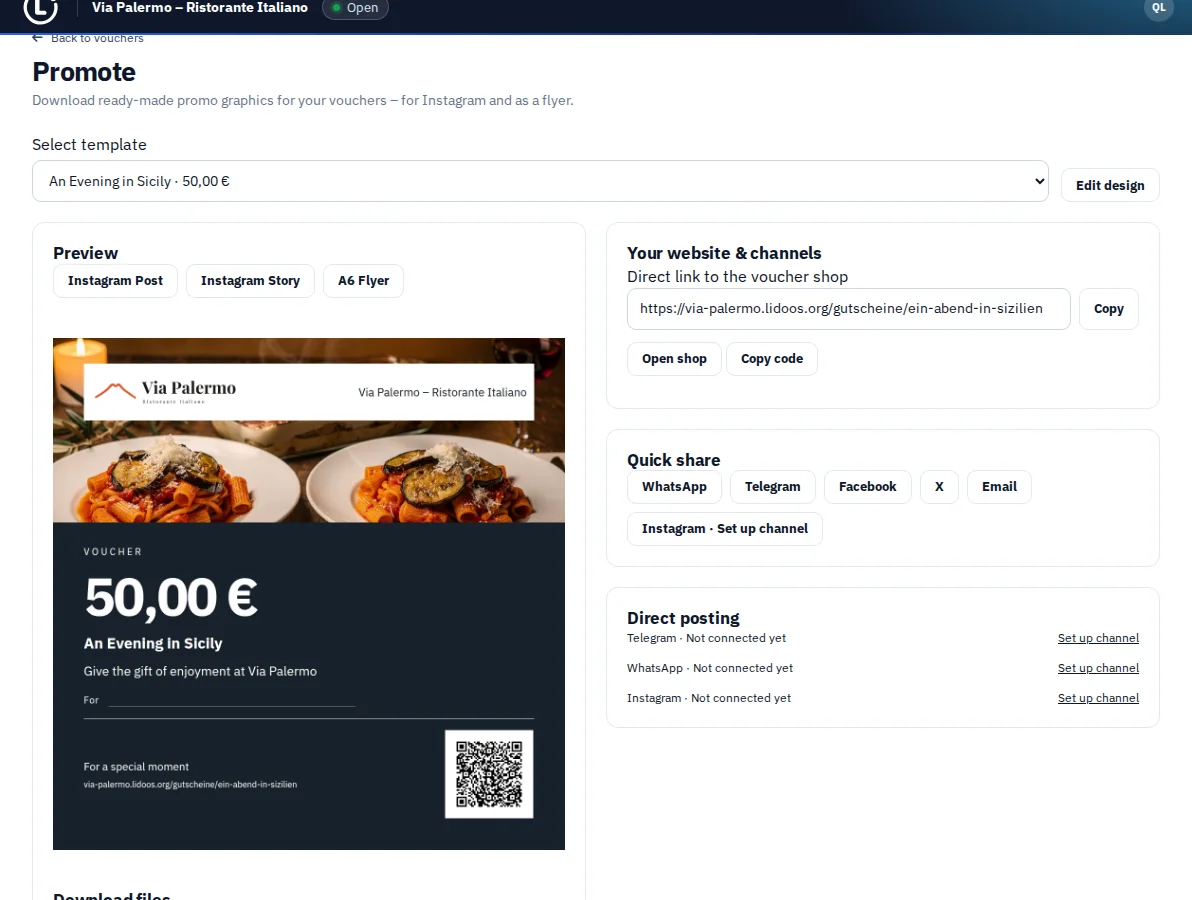 Promotional material for a Via Palermo voucher with preview and format selection.