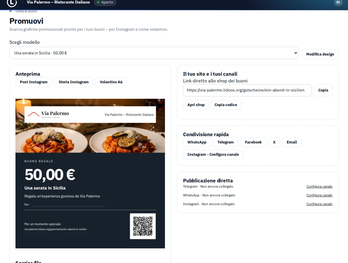 Materiale promozionale per un buono regalo di Via Palermo con anteprima e scelta del formato.