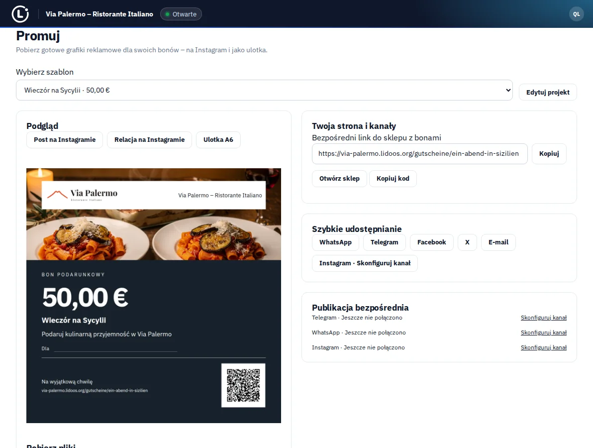 Materiały promocyjne dla vouchera Via Palermo z podglądem i wyborem formatu.