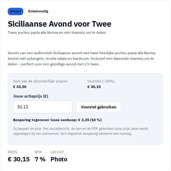 Effectief gegenereerd voorstel in de cadeaubonstudio van Via Palermo met aanbieding en prijsvoorstel.