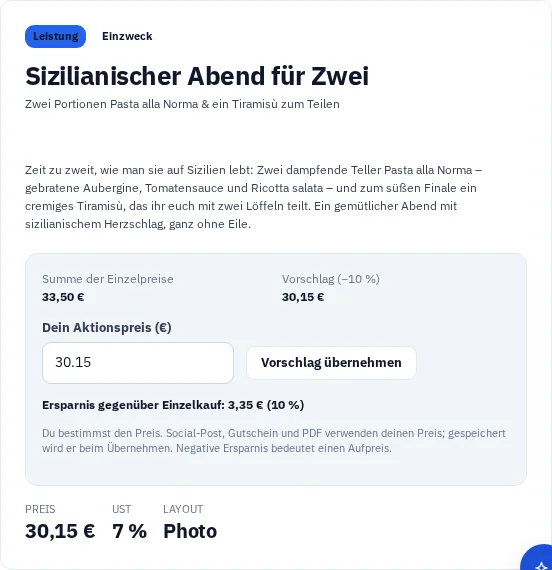 Tatsächlich generierter Vorschlag im Gutschein-Studio von Via Palermo mit Angebot und Preisvorschlag.