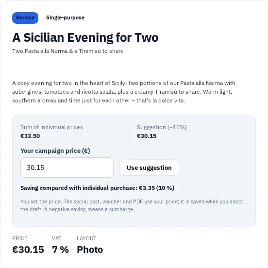 Actually generated suggestion in the Via Palermo voucher studio with offer and price suggestion.