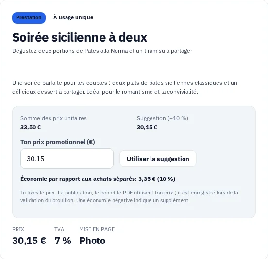 Proposition réellement générée dans le studio de bons cadeaux de Via Palermo avec offre et proposition de prix.