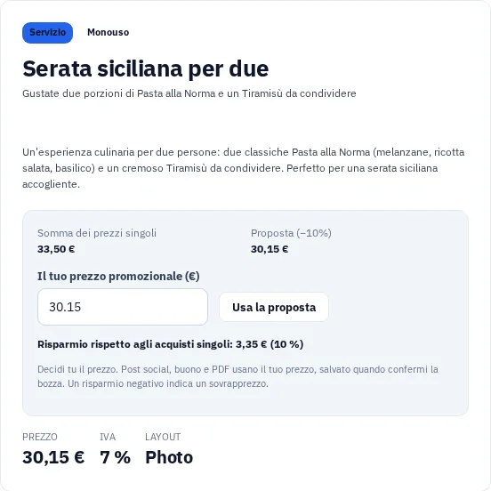 Proposta realmente generata nello studio buoni regalo di Via Palermo con offerta e proposta di prezzo.