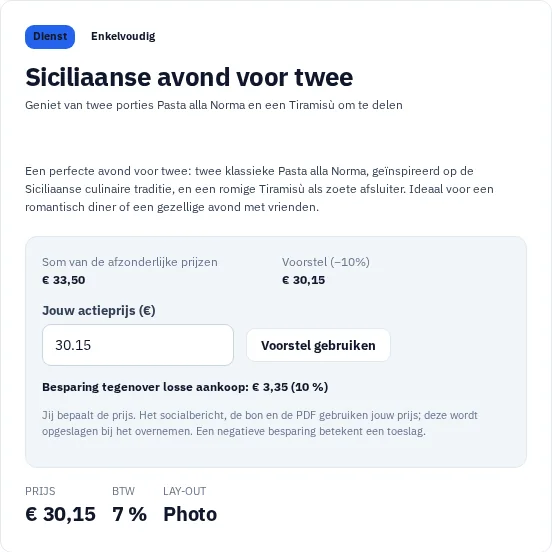 Daadwerkelijk gegenereerd voorstel in de cadeaubonstudio van Via Palermo met aanbieding en prijsvoorstel.