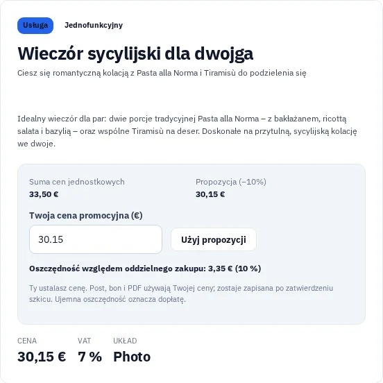 Rzeczywiście wygenerowana propozycja w studiu voucherów Via Palermo z ofertą i propozycją ceny.