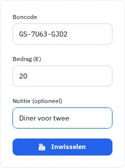 Inwisselformulier met een fictieve code, deelbedrag en notitie.