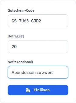 Einlöseformular mit einem fiktiven Gutscheincode, Teilbetrag und Notiz.