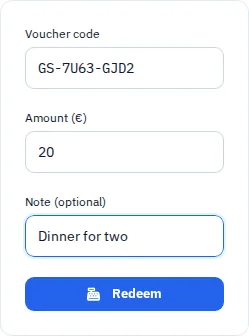 Redemption form with a fictitious voucher code, partial amount and note.