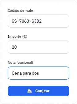 Formulario de canje con un código ficticio, importe parcial y nota.