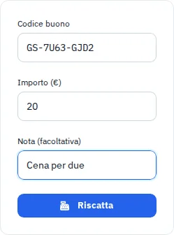 Modulo di riscatto con codice fittizio, importo parziale e nota.