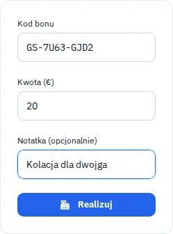 Formularz realizacji z fikcyjnym kodem, kwotą częściową i notatką.