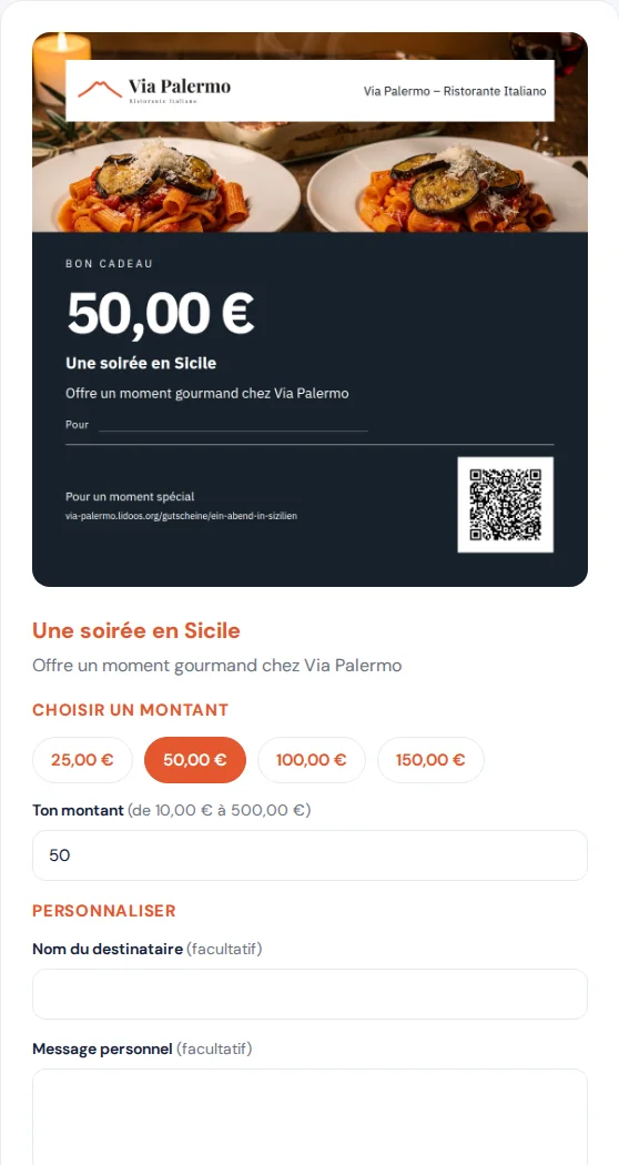 Vue client : offre de bon cadeau de Via Palermo avec titre, description et montant.