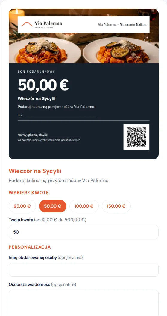 Widok gościa: oferta vouchera Via Palermo z tytułem, opisem i kwotą.