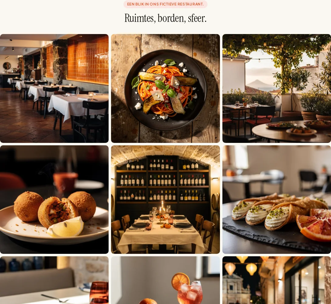 Afbeeldingengalerij met ruimtes en gerechten van het fictieve restaurant Via Palermo.