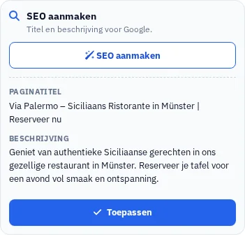 Daadwerkelijk gegenereerde voorstellen voor zoekmachine-titels en beschrijvingen in het Website Studio.