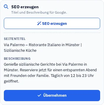 Tatsächlich erzeugte Vorschläge für Suchmaschinentitel und Beschreibung im Website Studio.