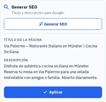 Sugerencias reales para títulos y descripciones en motores de búsqueda generadas en el Estudio de sitio web.