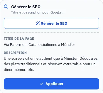 Suggestions générées pour les titres et descriptions dans les résultats de recherche, dans le Studio de site.