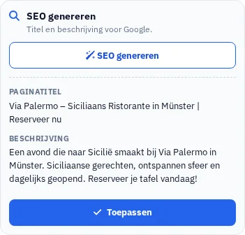 Daadwerkelijk gegenereerde voorstellen voor zoekmachine-titels en beschrijvingen in de Website Studio.