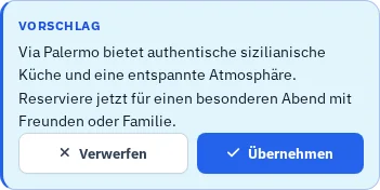 Im Website Studio erzeugter Vorschlag, der einen vorhandenen Restauranttext kürzt.