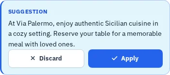 Suggestion generated in the website studio that shortens an existing restaurant text.