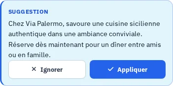 Suggestion générée dans le Studio de site, qui raccourcit un texte de restaurant existant.