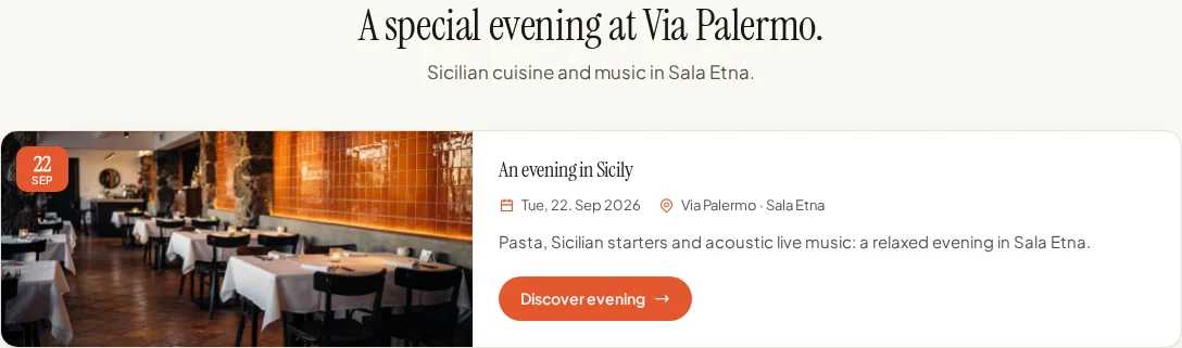 Event block with a fictional Sicilian evening at Via Palermo.