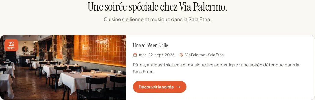 Bloc d’événements avec une soirée sicilienne fictive à Via Palermo.