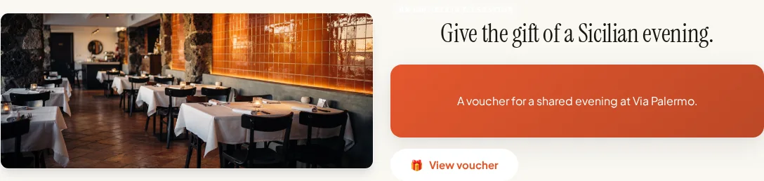 Voucher block with a restaurant photo and a link to the Via Palermo voucher shop.