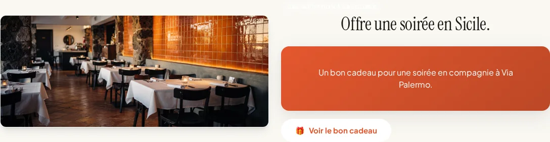 Bloc de bons cadeaux avec photo du restaurant et accès à la boutique de Via Palermo.